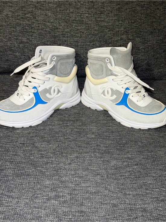 CHANEL Shoes - Chanel 18P Blue White Grey CC Logo High Top Trainer Sneakers Women Size US SZ 7